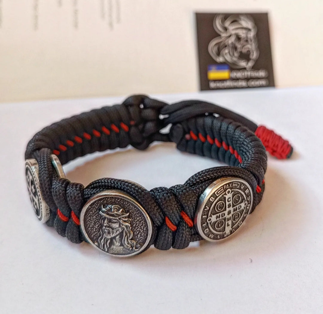 Catholic bracelet. Christian protective amulet. Cross of Saint Benedict. Jerusalem Cross, Jesus Christ. Paracord bracelet.