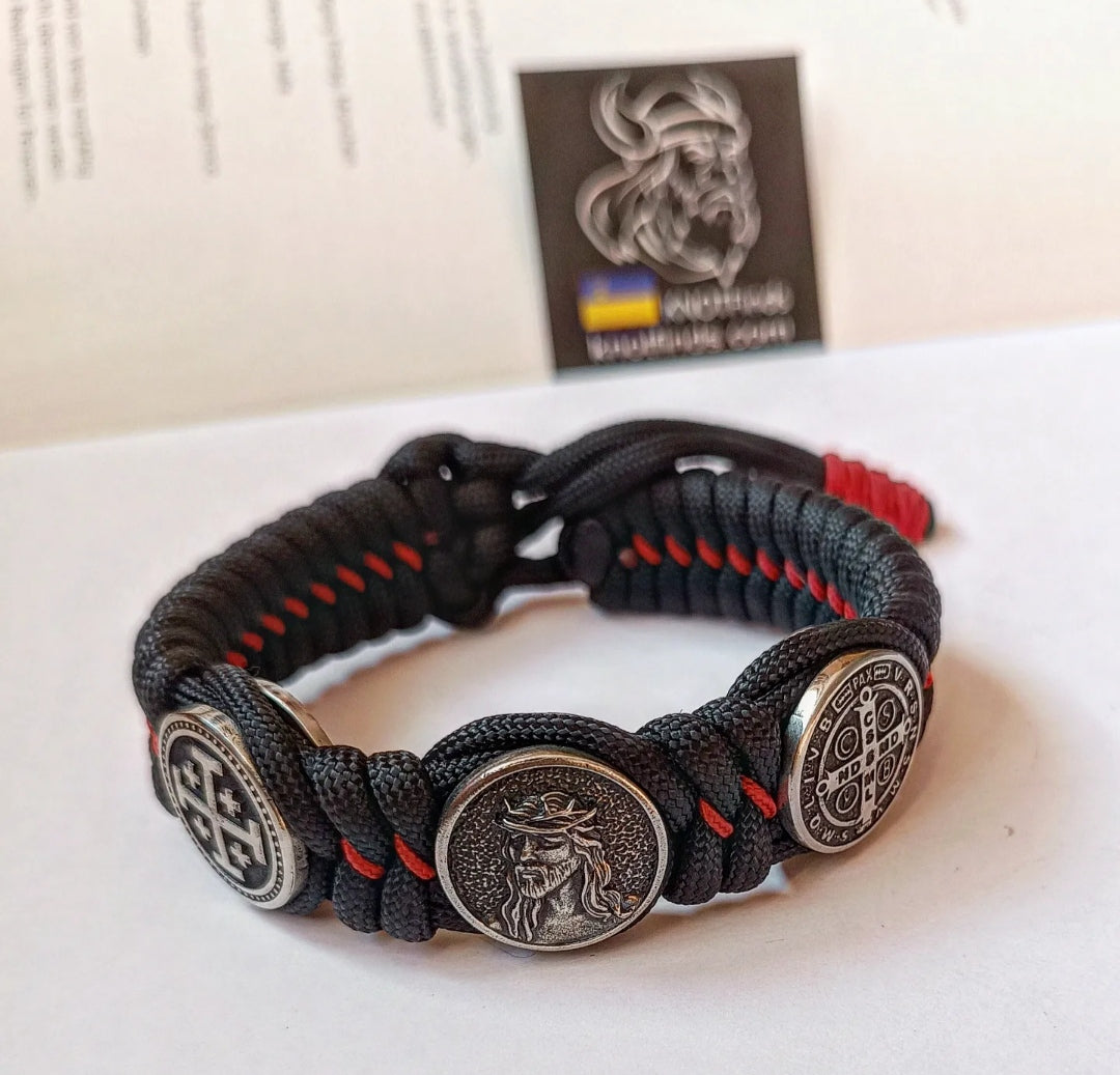 Catholic bracelet. Christian protective amulet. Cross of Saint Benedict. Jerusalem Cross, Jesus Christ. Paracord bracelet.