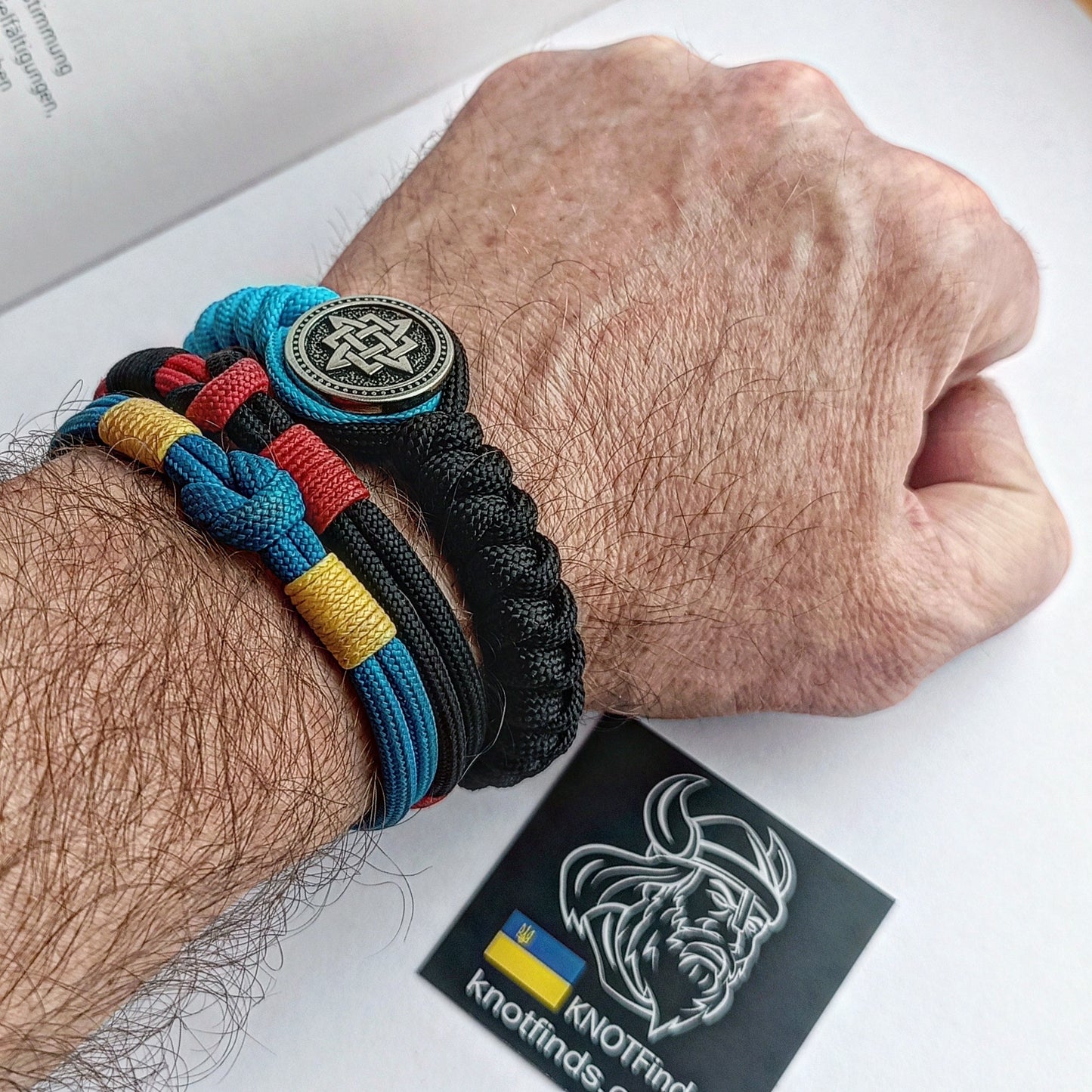 Paracord bangle. Paracord jewelry. Pagan symbols. Svarog square. Sky blue bracelet. Men's accessories.