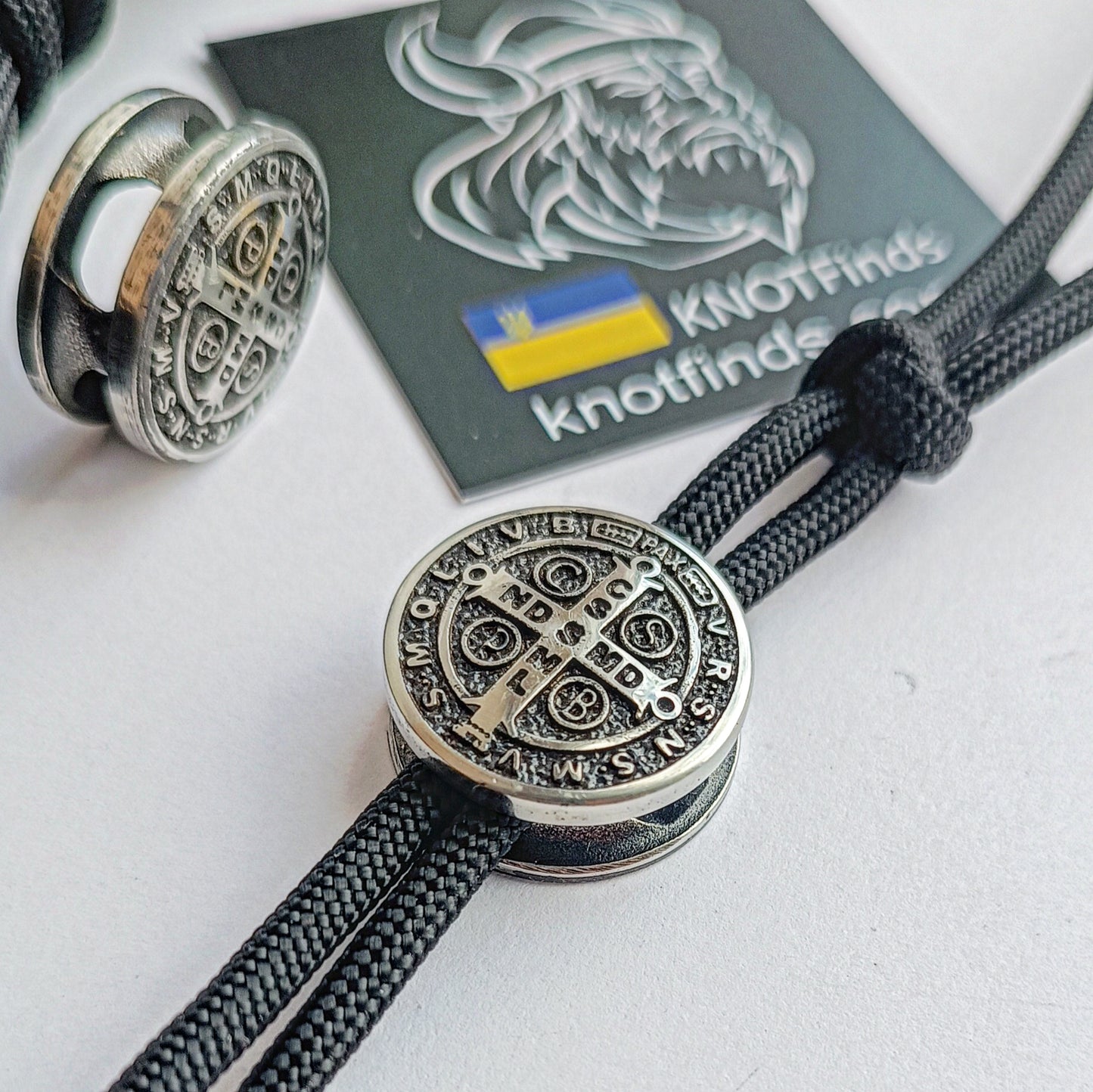 Cross of Saint Benedict. Exorcist. Steel bead for Paracord. Religious symbols. Catholicism. Vatican symbols.