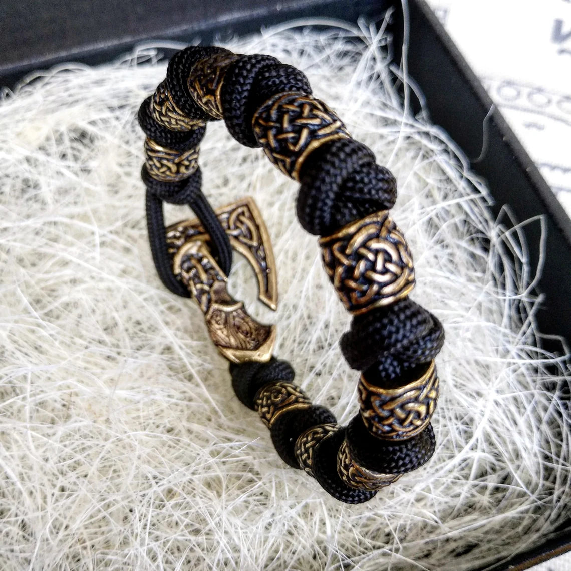 Black mens bangle. Paracord bracelet. Viking jewelry.
