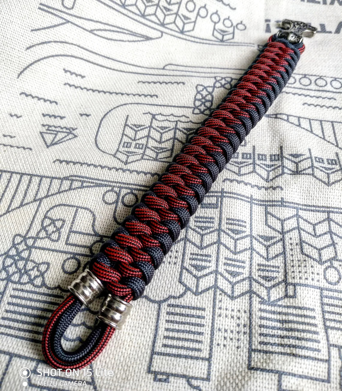 Graphite and bloody strip Nordic paracord bracelet "THOR'S HAMMER". A gift for men. Scandinavian style, Celtic knot.