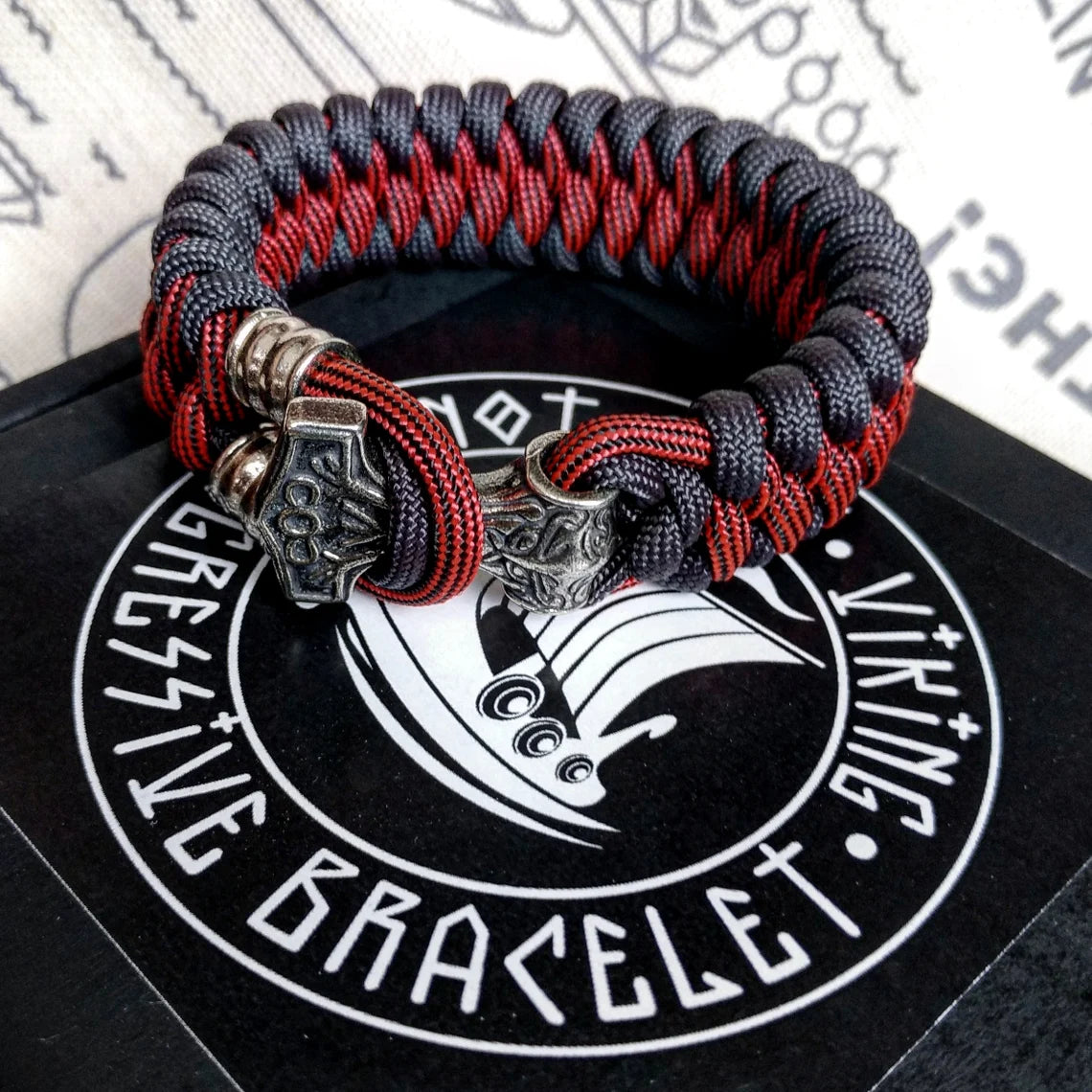 Graphite and bloody strip Nordic paracord bracelet "THOR'S HAMMER". A gift for men. Scandinavian style, Celtic knot.
