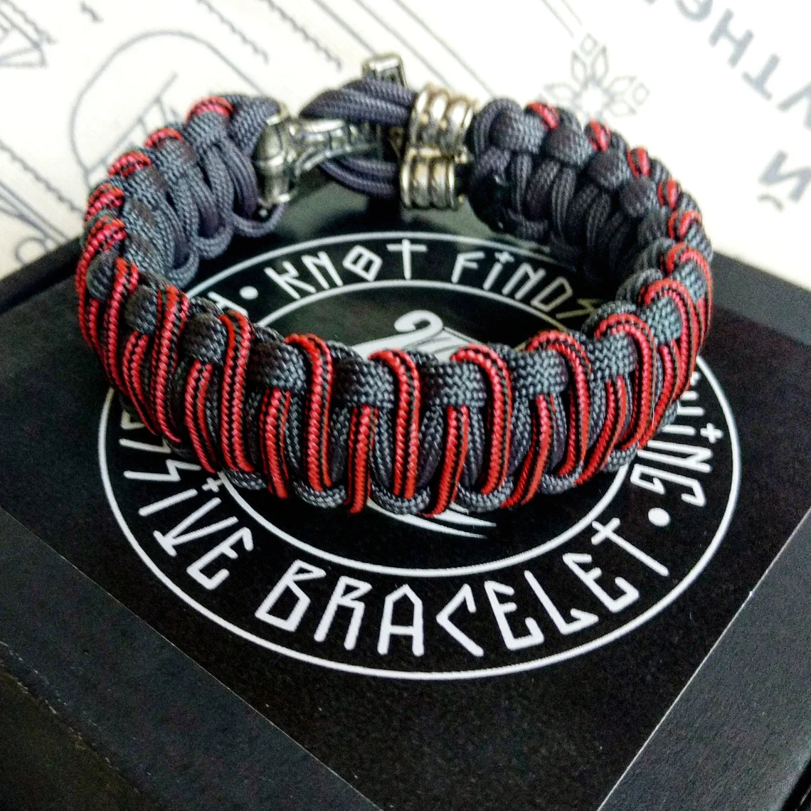 Graphite and bloody strip Nordic paracord bracelet "THOR'S HAMMER". A gift for men. Scandinavian style, Celtic knot.