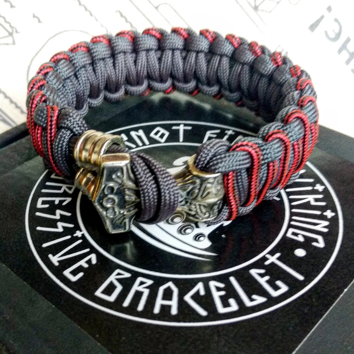 Graphite and bloody strip Nordic paracord bracelet "THOR'S HAMMER". A gift for men. Scandinavian style, Celtic knot.