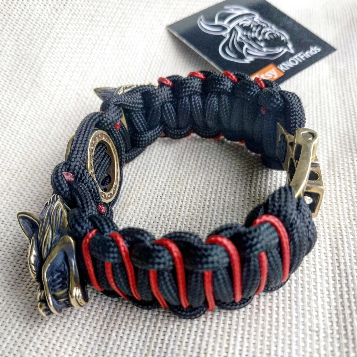 Paracord bracelet with beads "Wolf Head" and "Templar Cross". Men's style, a gift for tough men. Biker bracelet.