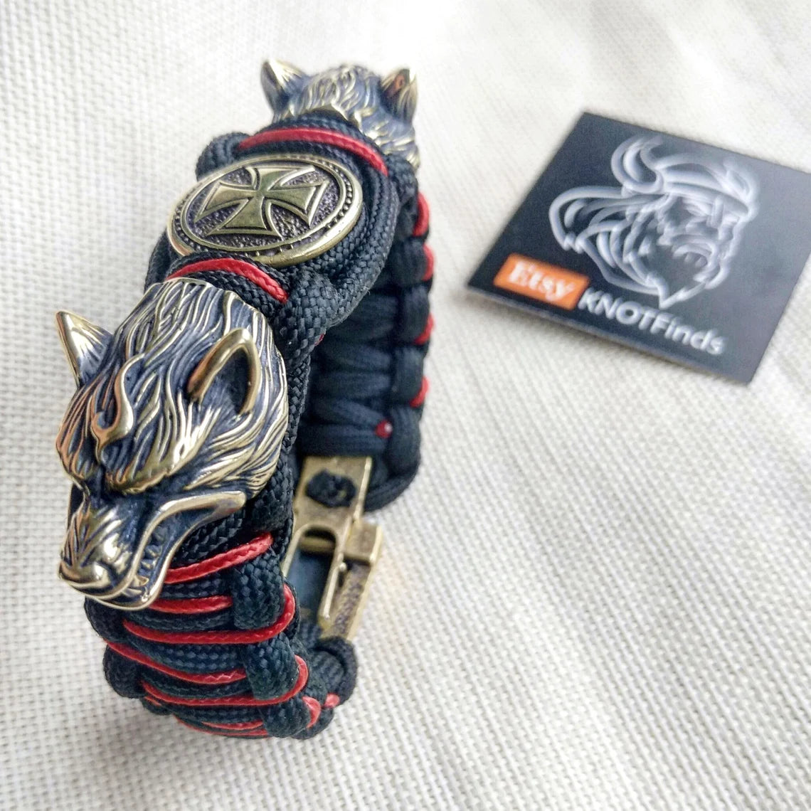 Paracord bracelet with beads "Wolf Head" and "Templar Cross". Men's style, a gift for tough men. Biker bracelet.