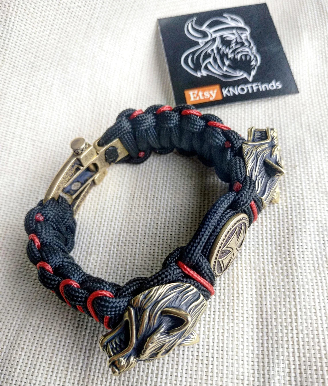 Paracord bracelet with beads "Wolf Head" and "Templar Cross". Men's style, a gift for tough men. Biker bracelet.
