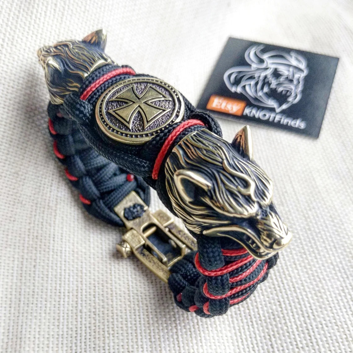 Paracord bracelet with beads "Wolf Head" and "Templar Cross". Men's style, a gift for tough men. Biker bracelet.