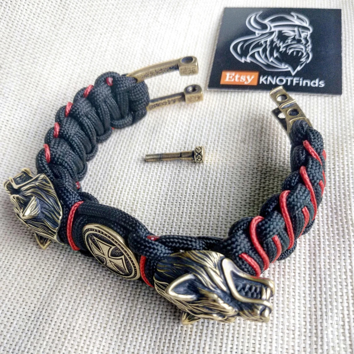 Paracord bracelet with beads "Wolf Head" and "Templar Cross". Men's style, a gift for tough men. Biker bracelet.