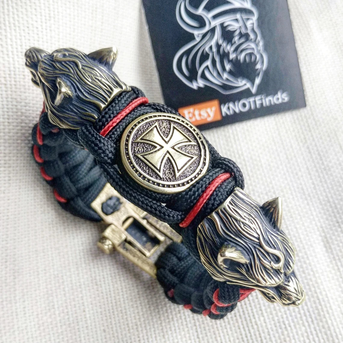 Paracord bracelet with beads "Wolf Head" and "Templar Cross". Men's style, a gift for tough men. Biker bracelet.