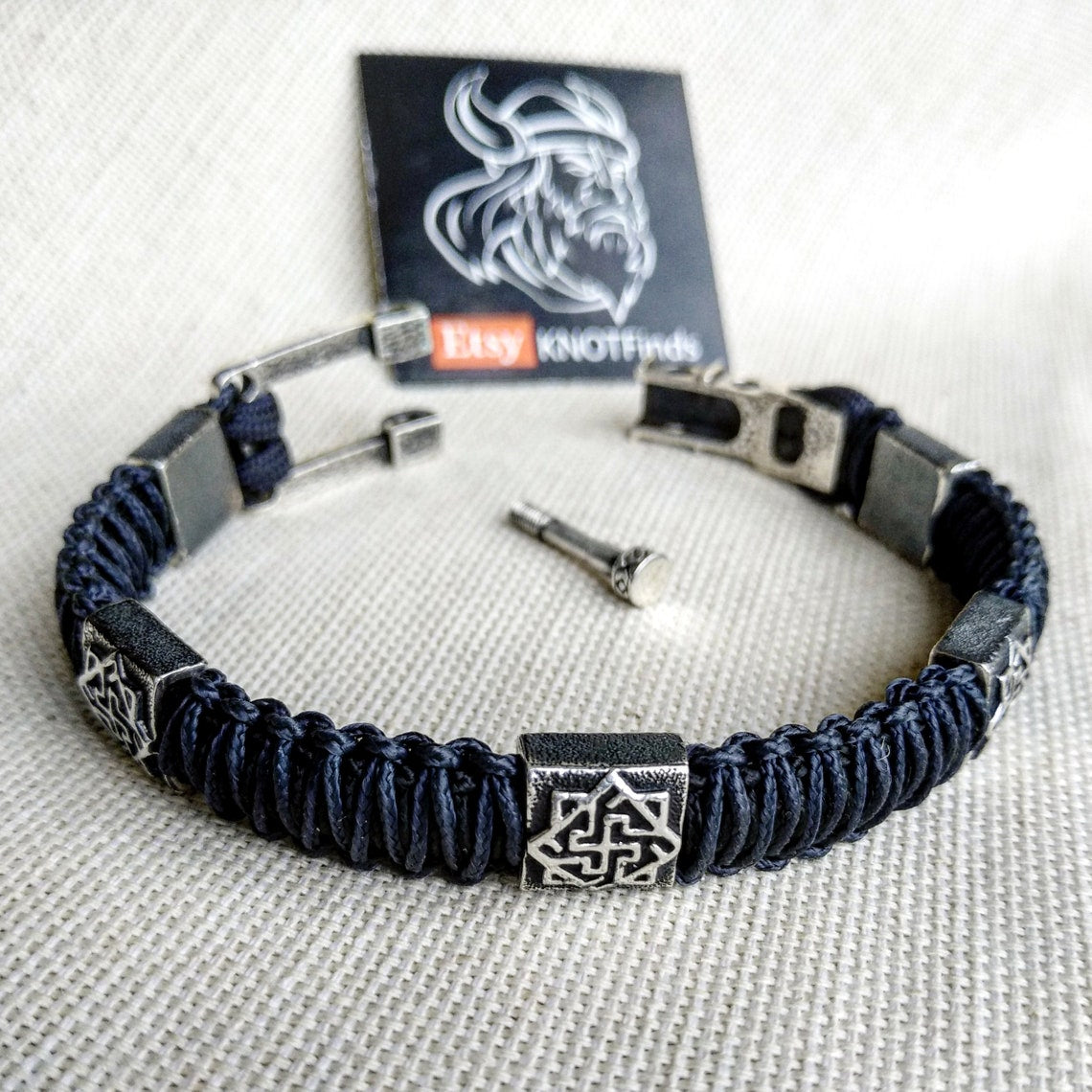 Silver 925 Sterling bracelet. Luxury navy blue paracord bracelet.Viking style.