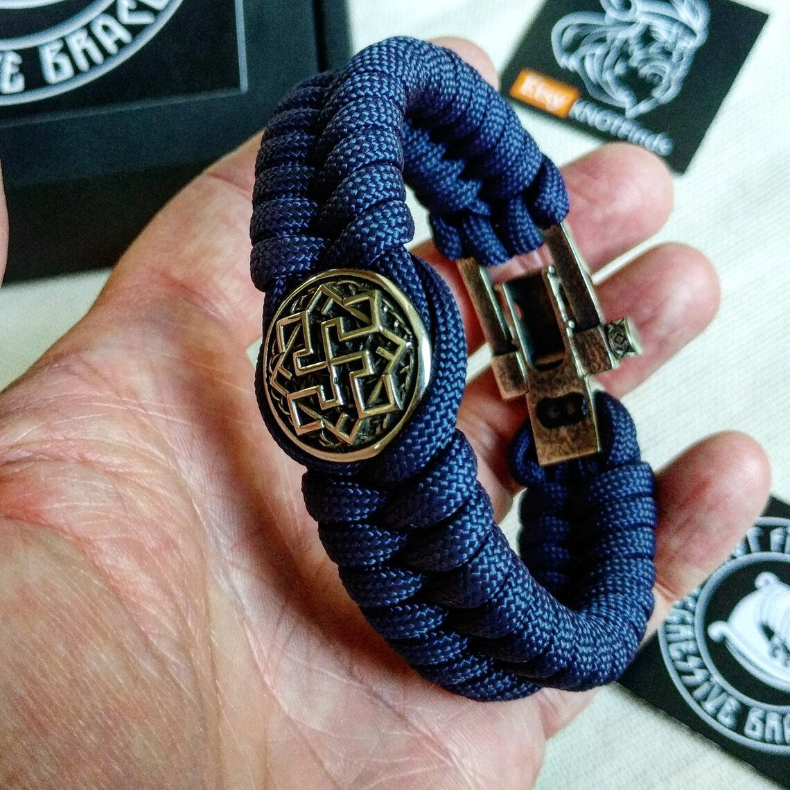 Paracord navy blue bracelet "VALKYRIE". The original brutal bracelet made of Celtic knots and beads. Nordic bangle.