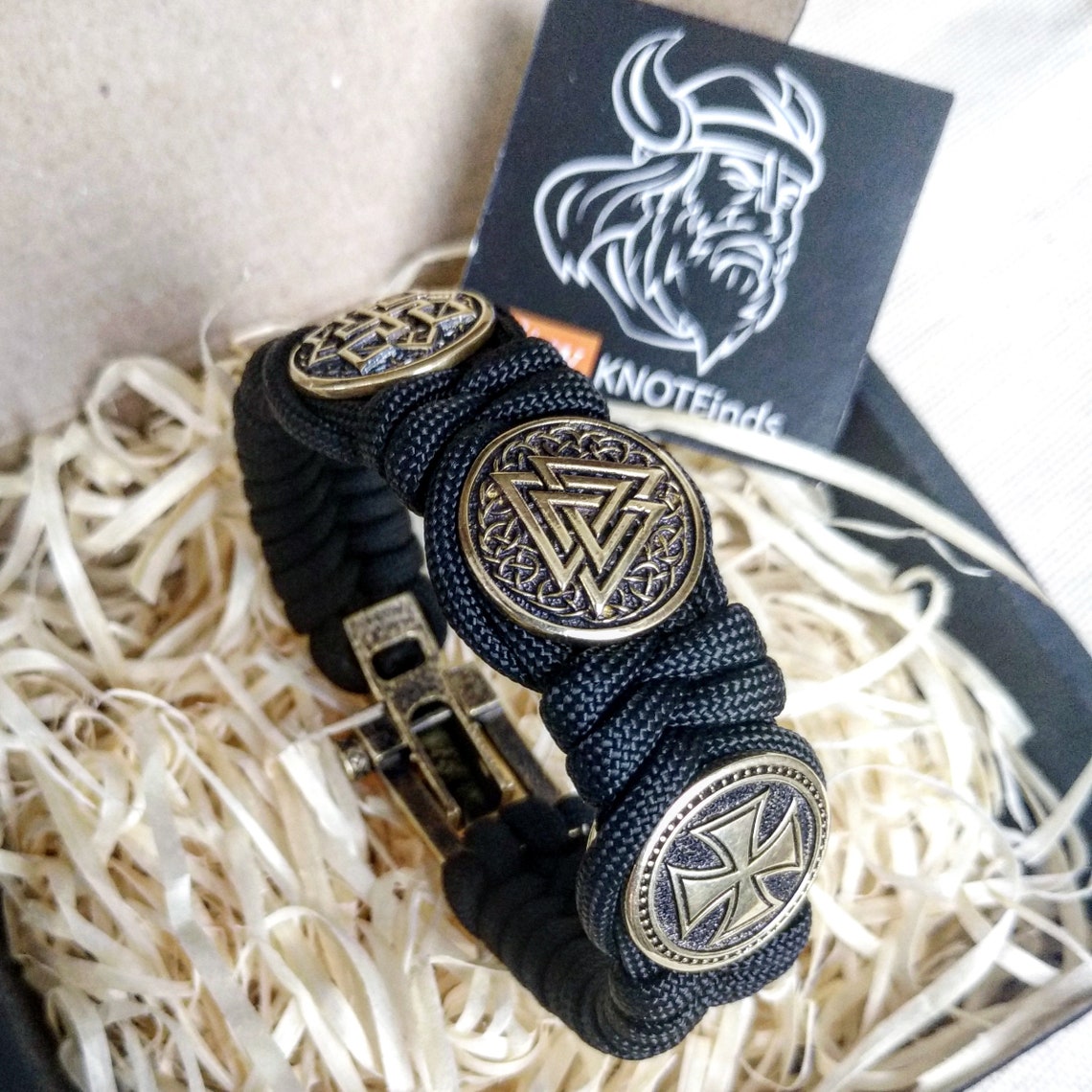 Nordic protective amulet with steel beads "Valknut", "Valkyrie", "Templar cross". Men's style, a gift for tough men. Biker bracelet.