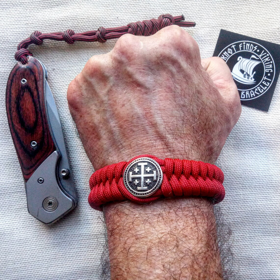 Red Paracord bracelet "JERUSALEM CROSS". The original brutal bracelet made of Celtic knots and beads. Scandinavian style.