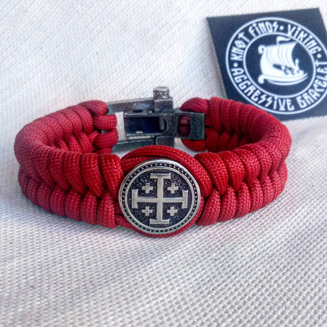 Red Paracord bracelet "JERUSALEM CROSS". The original brutal bracelet made of Celtic knots and beads. Scandinavian style.