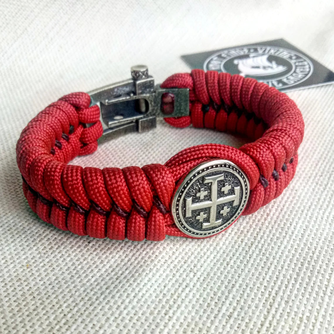 Red Paracord bracelet "JERUSALEM CROSS". The original brutal bracelet made of Celtic knots and beads. Scandinavian style.
