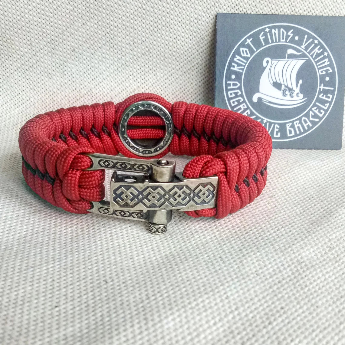 Red Paracord bracelet "JERUSALEM CROSS". The original brutal bracelet made of Celtic knots and beads. Scandinavian style.