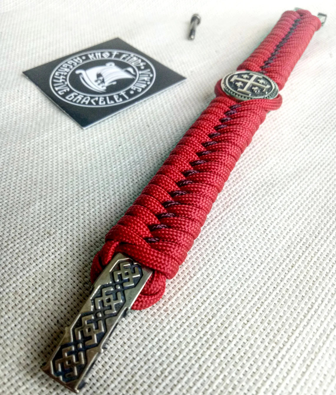 Red Paracord bracelet "JERUSALEM CROSS". The original brutal bracelet made of Celtic knots and beads. Scandinavian style.