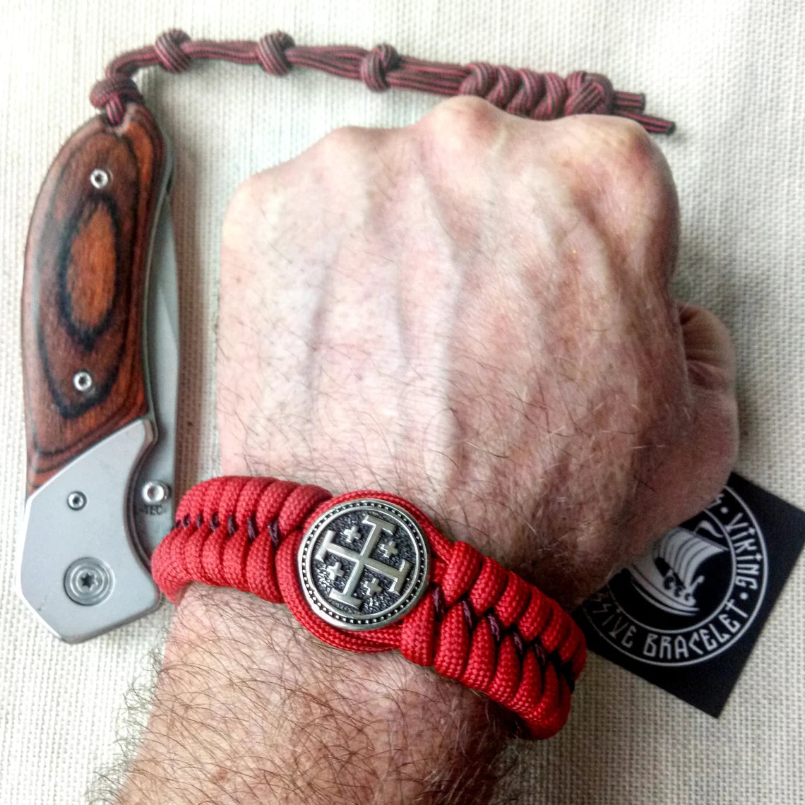 Red Paracord bracelet "JERUSALEM CROSS". The original brutal bracelet made of Celtic knots and beads. Scandinavian style.