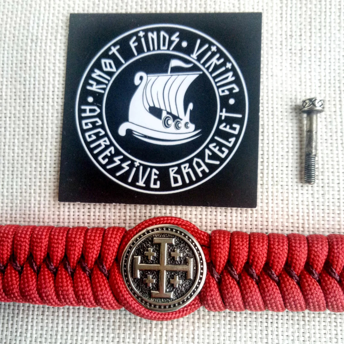 Red Paracord bracelet "JERUSALEM CROSS". The original brutal bracelet made of Celtic knots and beads. Scandinavian style.