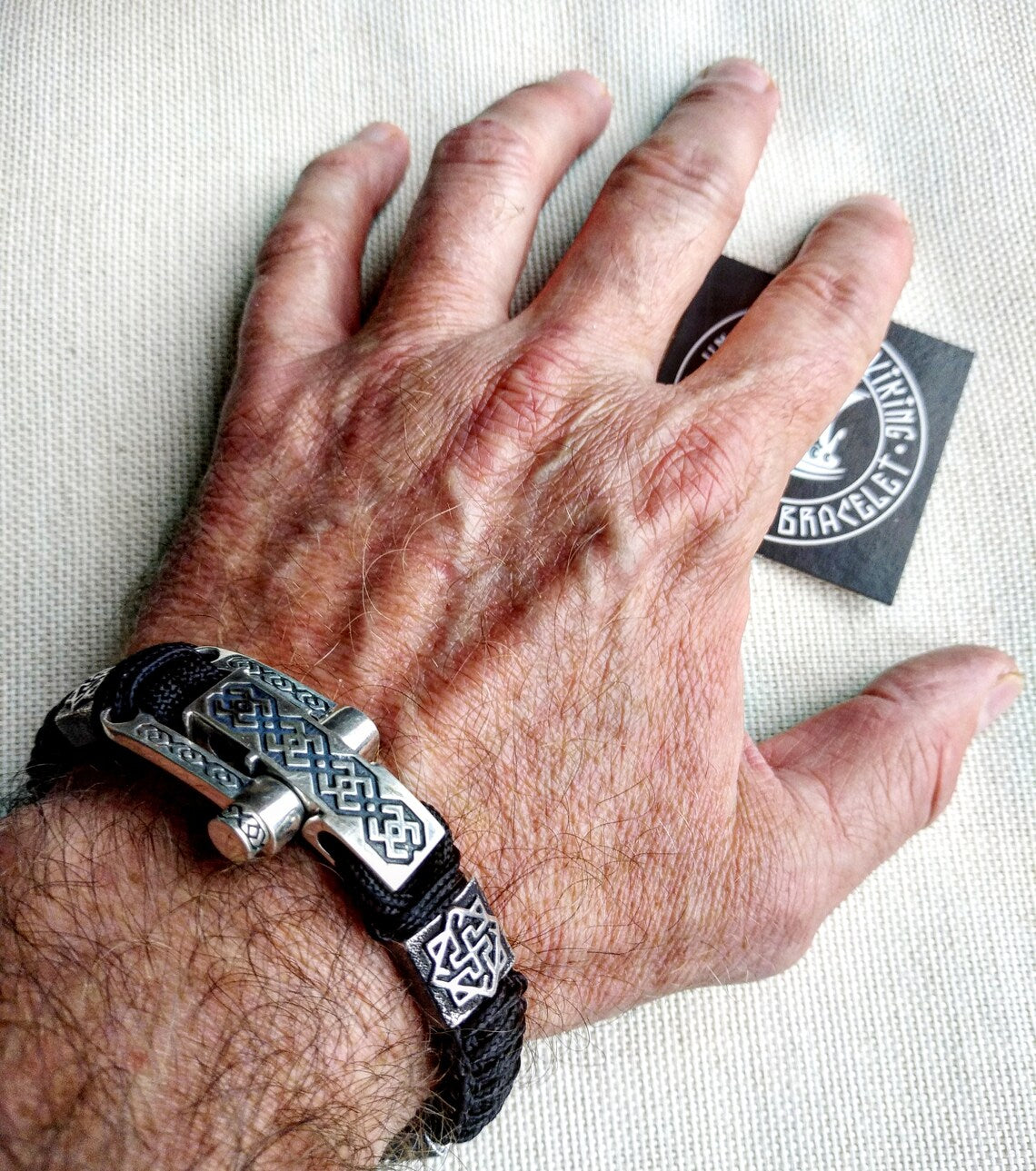 Paracord bracelet. Silver 925 Sterling bangle. Viking style.