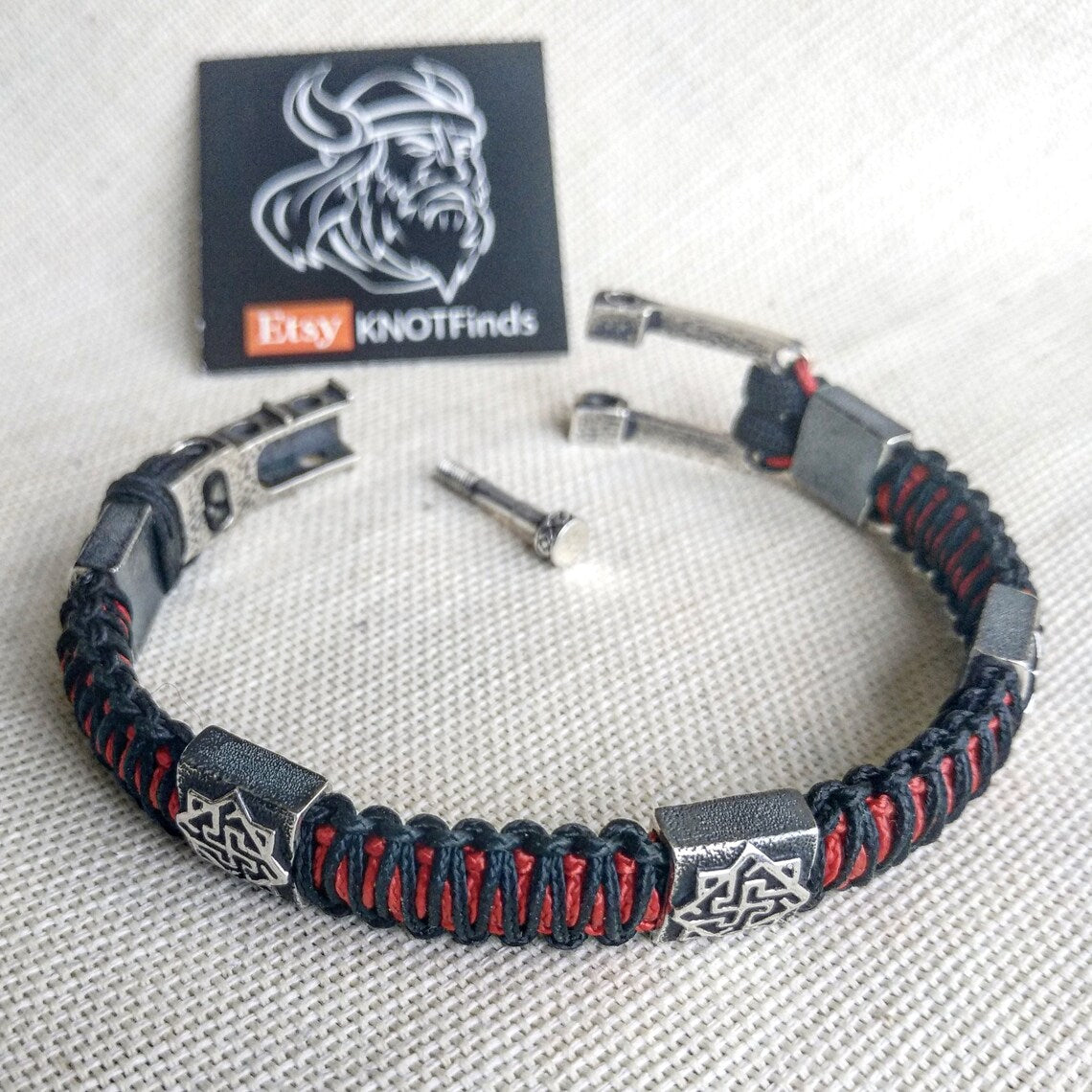 925 Sterling silver bracelet. Luxury black red paracord bracelet.Viking style.