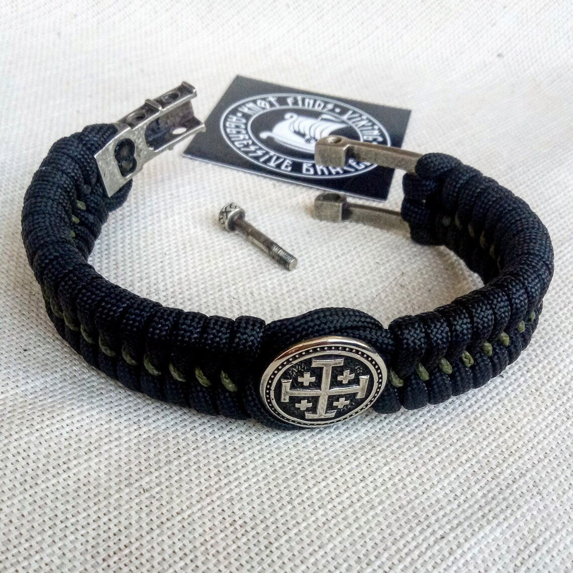 Black Paracord bracelet "JERUSALEM CROSS". The original brutal bracelet made of Celtic knots and beads. Scandinavian style.