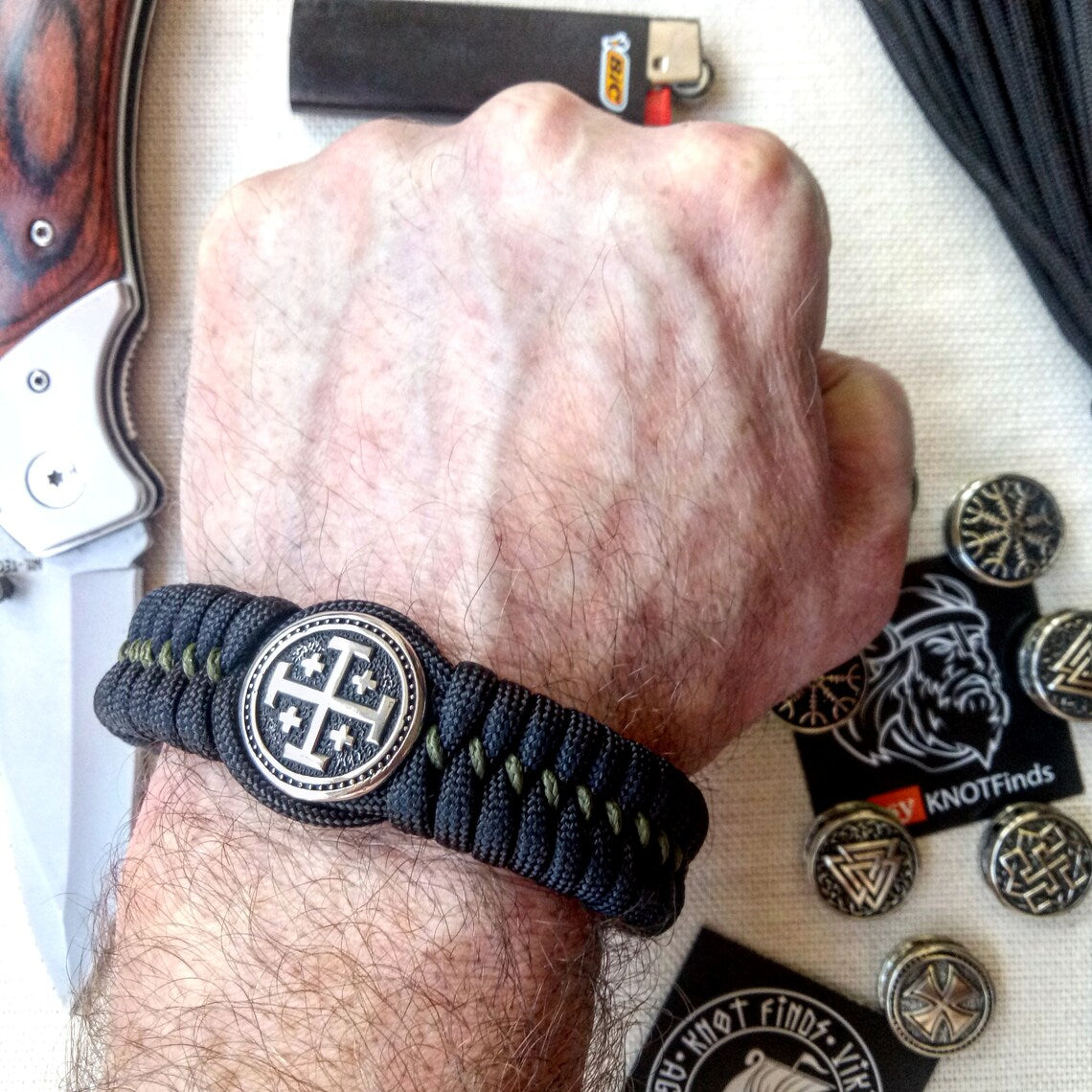 Black Paracord bracelet "JERUSALEM CROSS". The original brutal bracelet made of Celtic knots and beads. Scandinavian style.