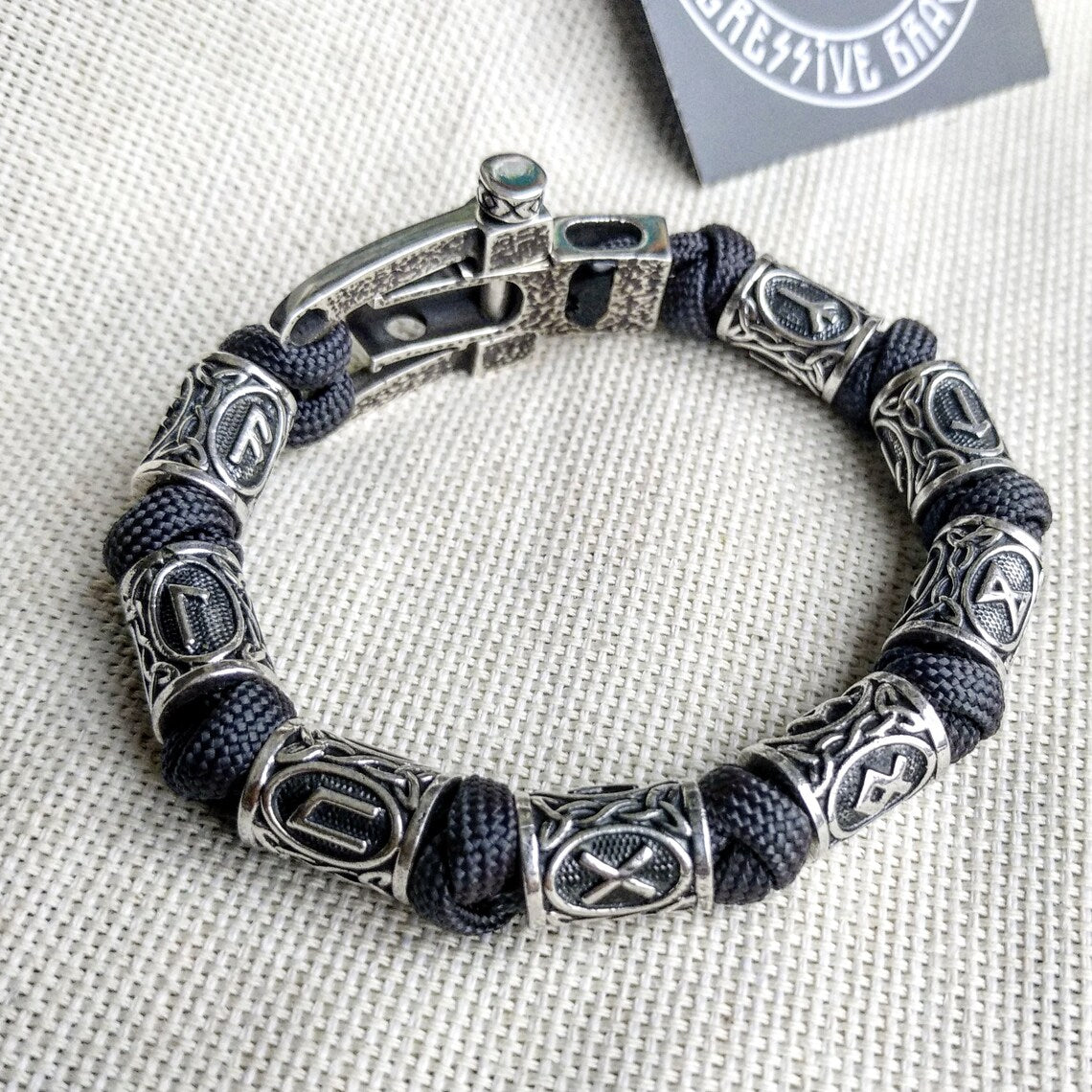 Runic paracord and 925 Sterling silver bracelet "VIKING". Nordic bracelet with runes beads.