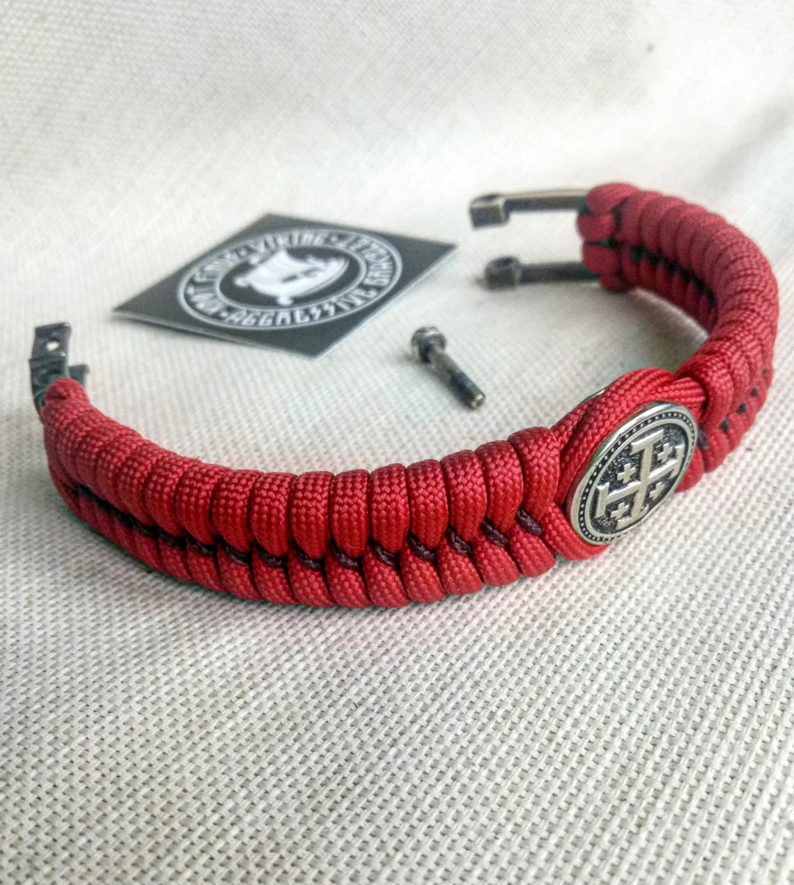 Red Paracord bracelet "JERUSALEM CROSS". The original brutal bracelet made of Celtic knots and beads. Scandinavian style.