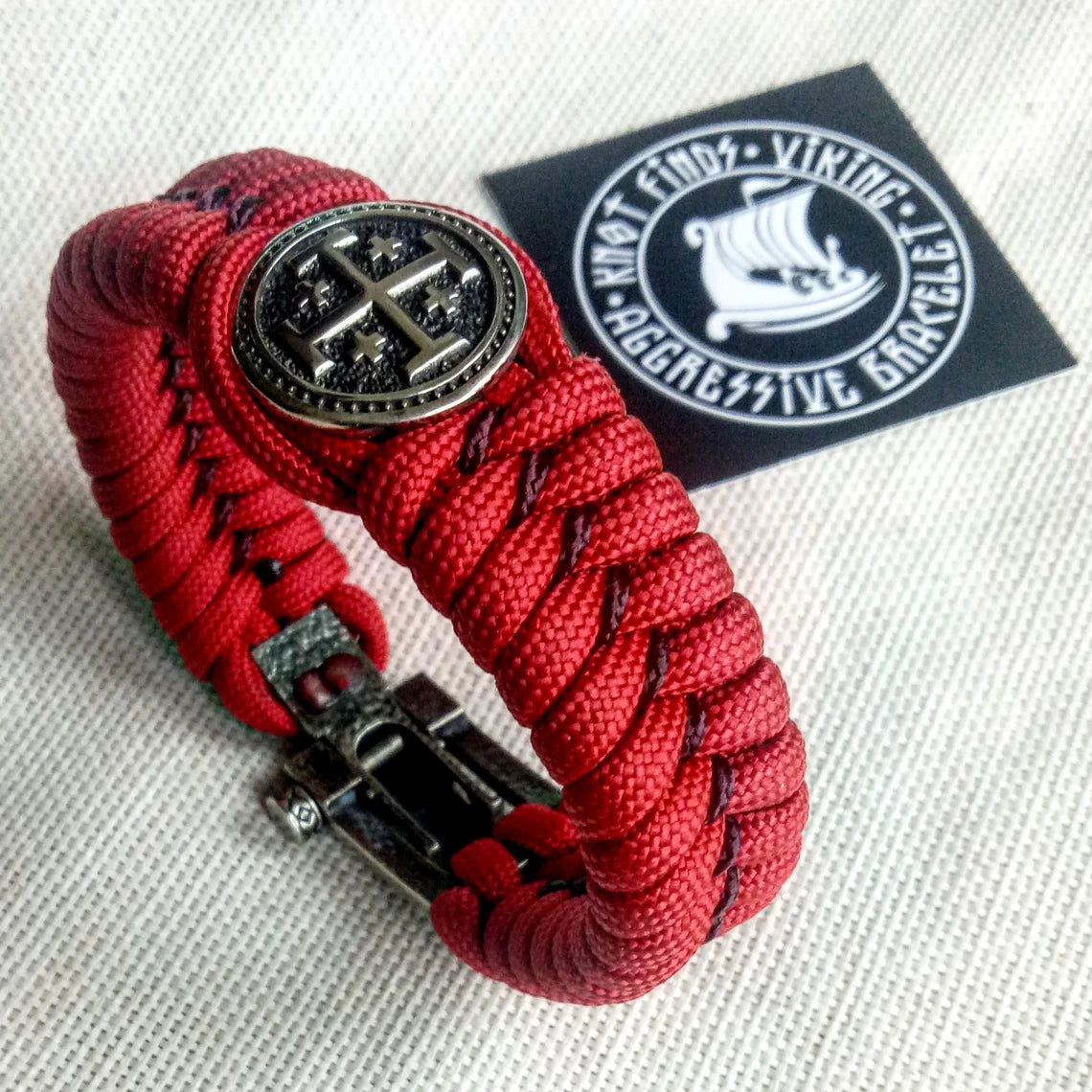 Red Paracord bracelet "JERUSALEM CROSS". The original brutal bracelet made of Celtic knots and beads. Scandinavian style.