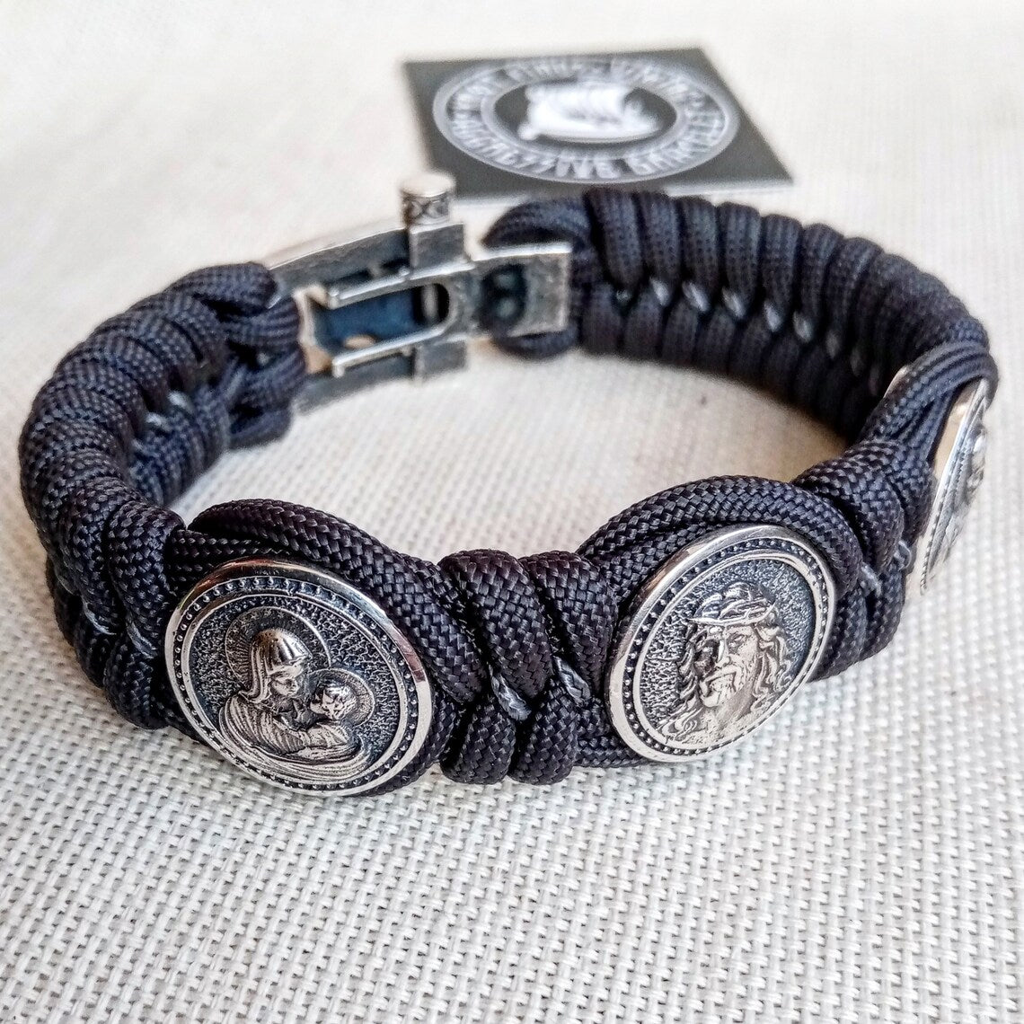 Paracord bracelet. With Silver 925 Sterling beads Jesus Christ, Saint Nicholas, Virgin Mary. Baptism gift. Religious bracelet. Easter gift.