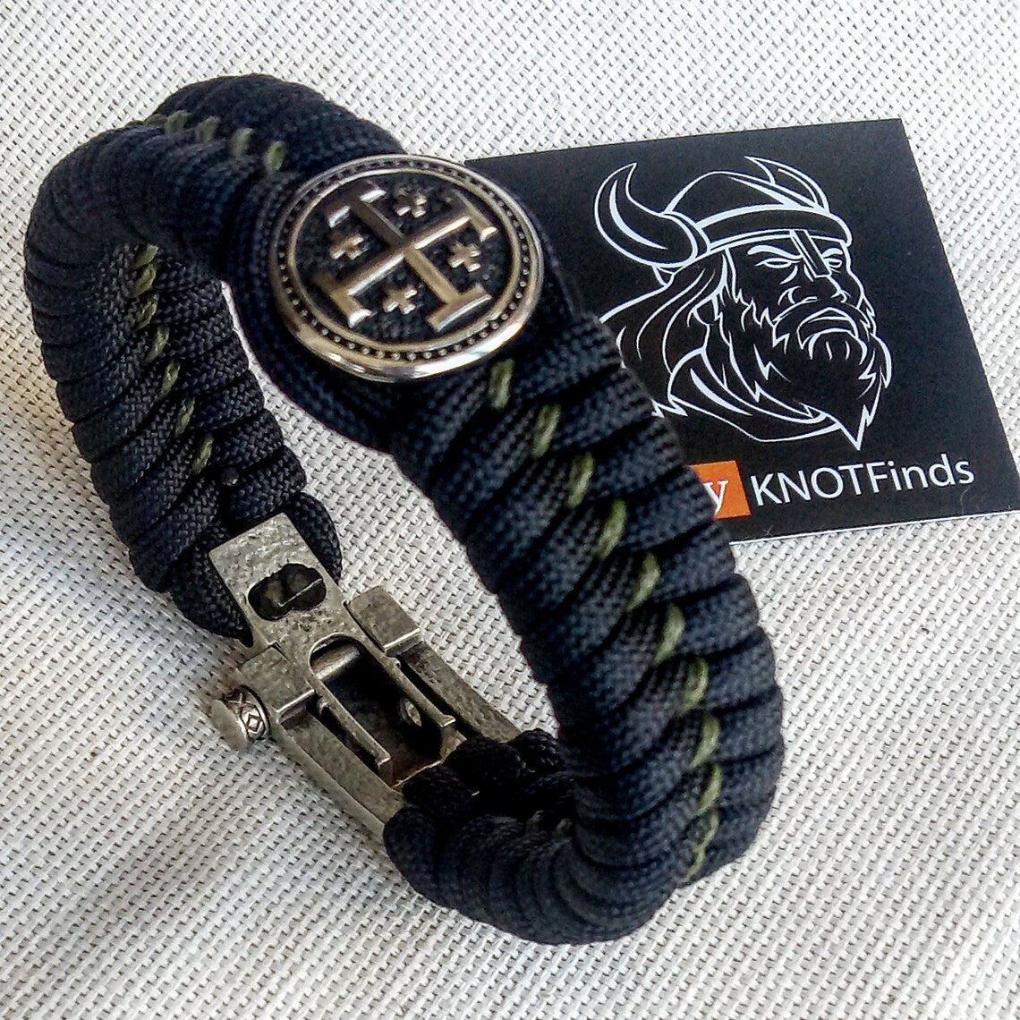 Black Paracord bracelet "JERUSALEM CROSS". The original brutal bracelet made of Celtic knots and beads. Scandinavian style.