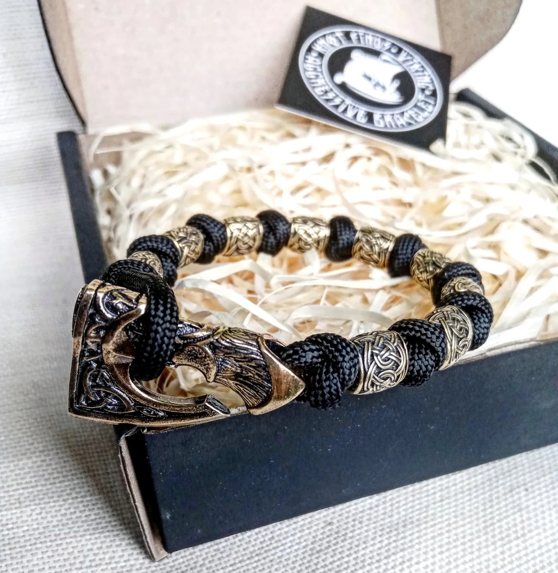 Black Viking bracelet. Paracord bangle. Scandinavian jewelry. Mens style.