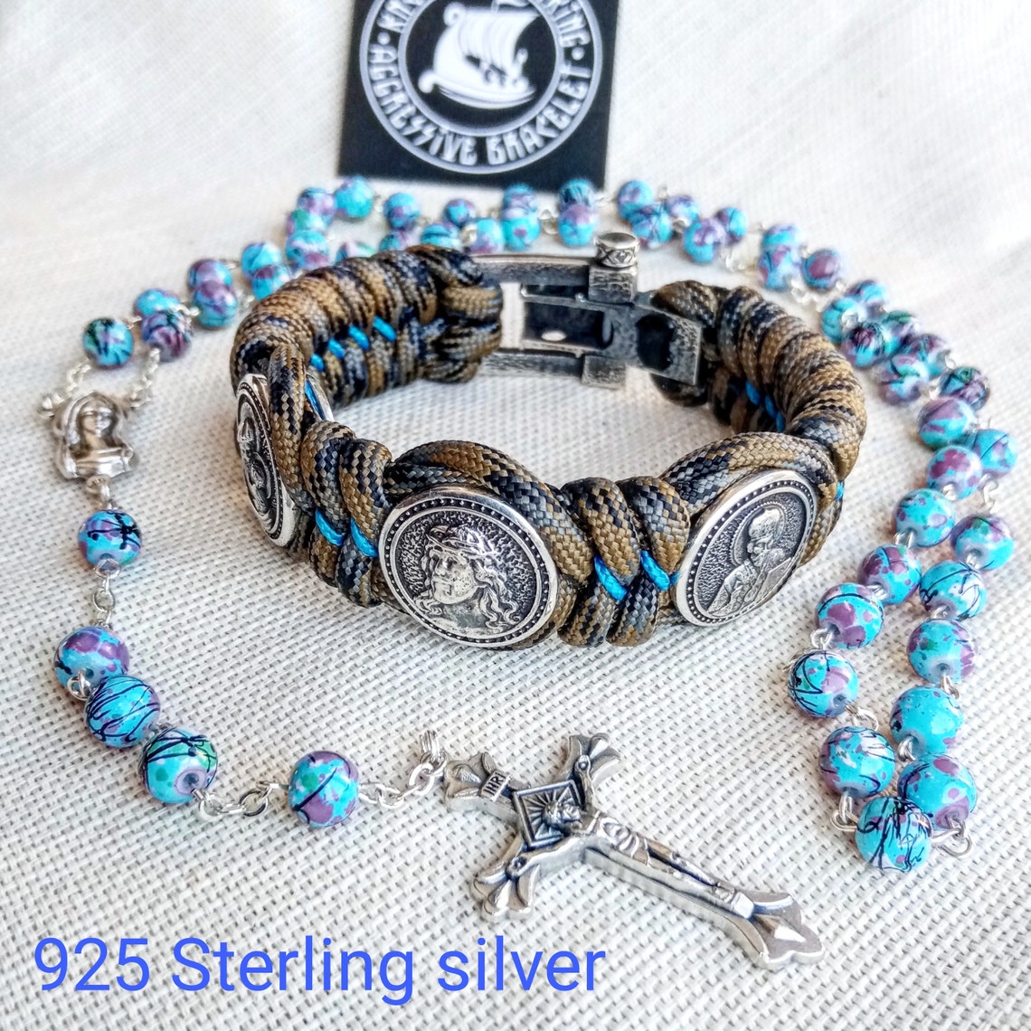 Religious paracord bracelet.Jesus Christ, Saint Nicholas, Virgin Mary. Silver 925 Sterling. Luxury Easter gift.