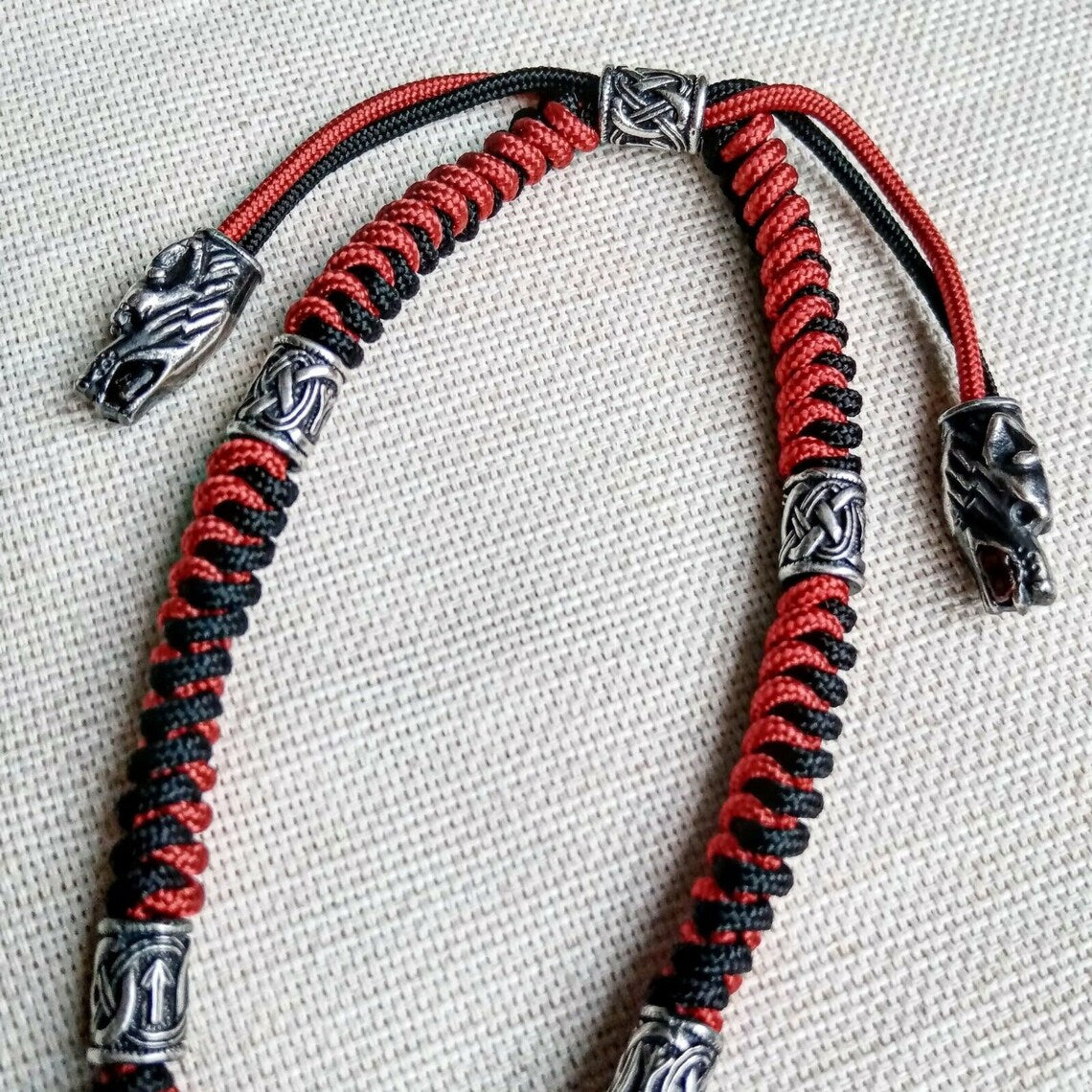 Mens necklace. Paracord necklace with 925 sterling silver beads. Mjolnir necklace. Celtic knot.