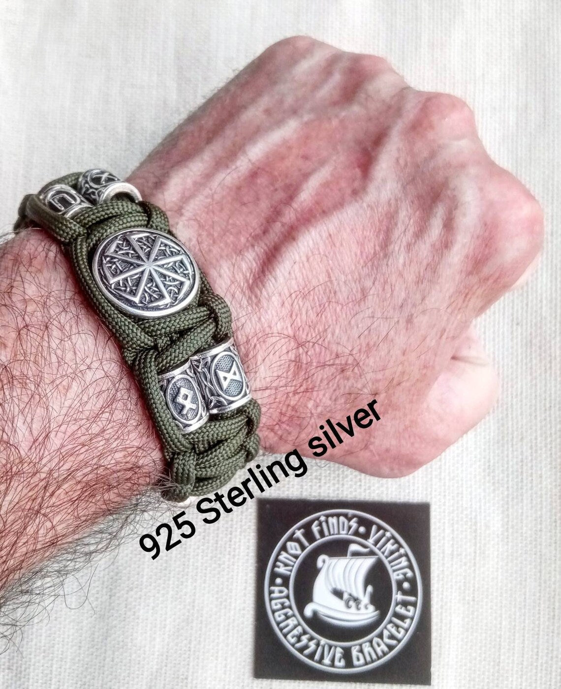Runic paracord and 925 Sterling silver bracelet "VIKING". Nordic bracelet with runes beads.