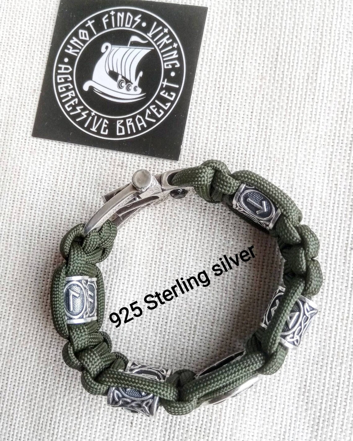 Runic paracord and 925 Sterling silver bracelet "VIKING". Nordic bracelet with runes beads.