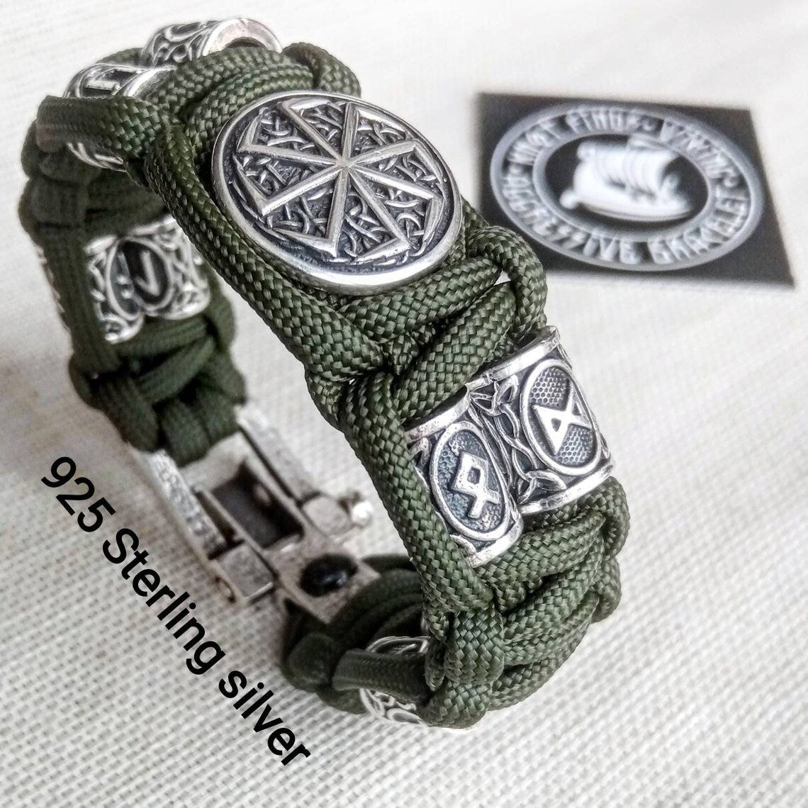 Runic paracord and 925 Sterling silver bracelet "VIKING". Nordic bracelet with runes beads.