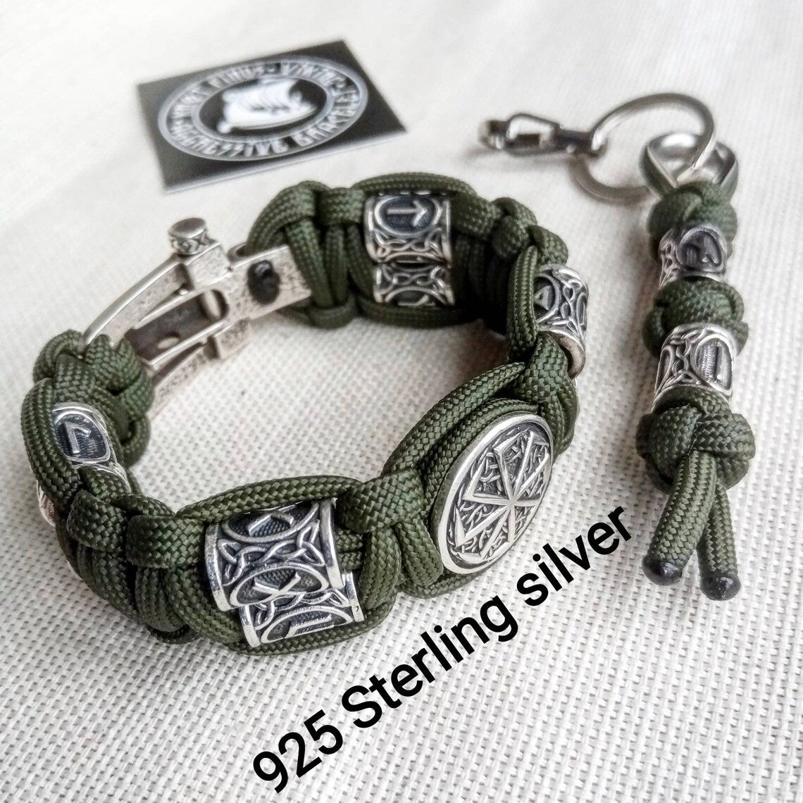Runic paracord and 925 Sterling silver bracelet "VIKING". Nordic bracelet with runes beads.