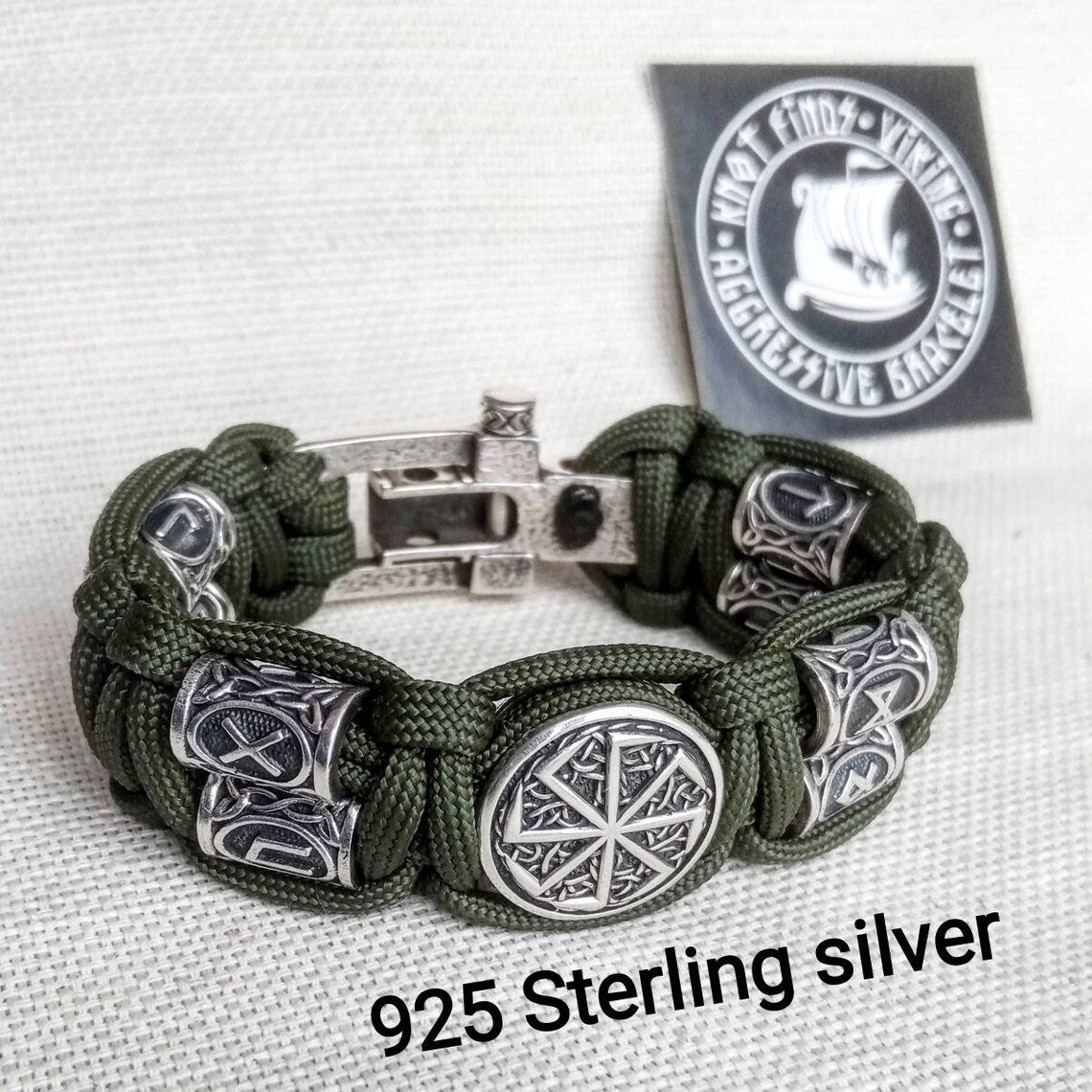 Runic paracord and 925 Sterling silver bracelet "VIKING". Nordic bracelet with runes beads.