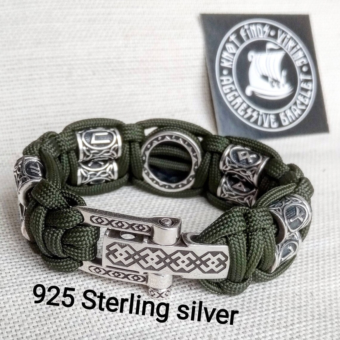 Runic paracord and 925 Sterling silver bracelet "VIKING". Nordic bracelet with runes beads.