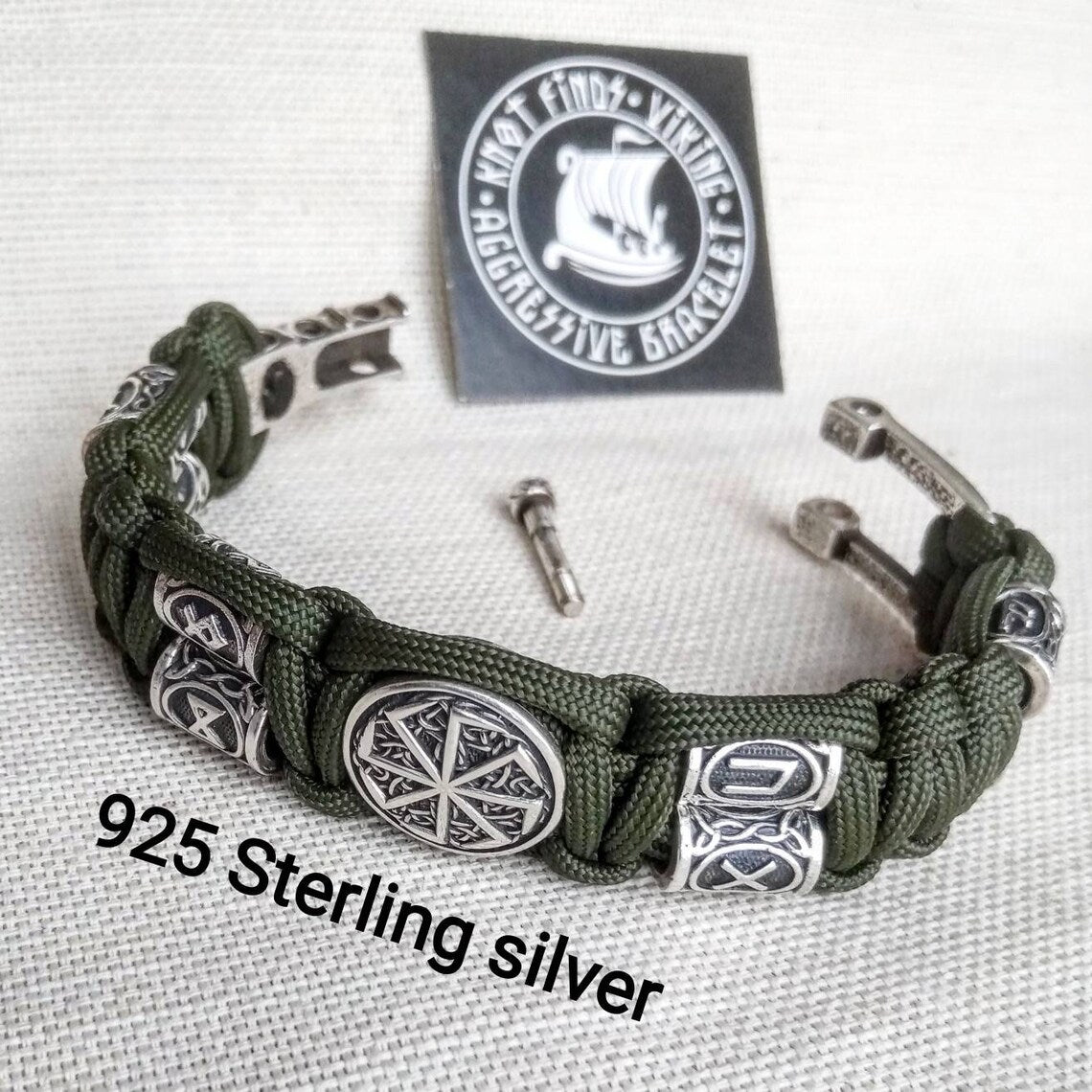 Runic paracord and 925 Sterling silver bracelet "VIKING". Nordic bracelet with runes beads.