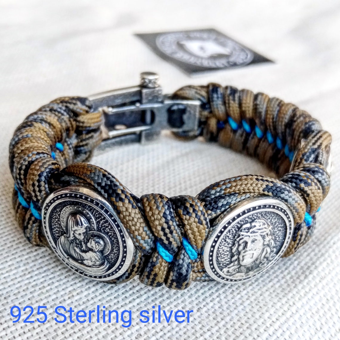 Religious paracord bracelet.Jesus Christ, Saint Nicholas, Virgin Mary. Silver 925 Sterling. Luxury Easter gift.