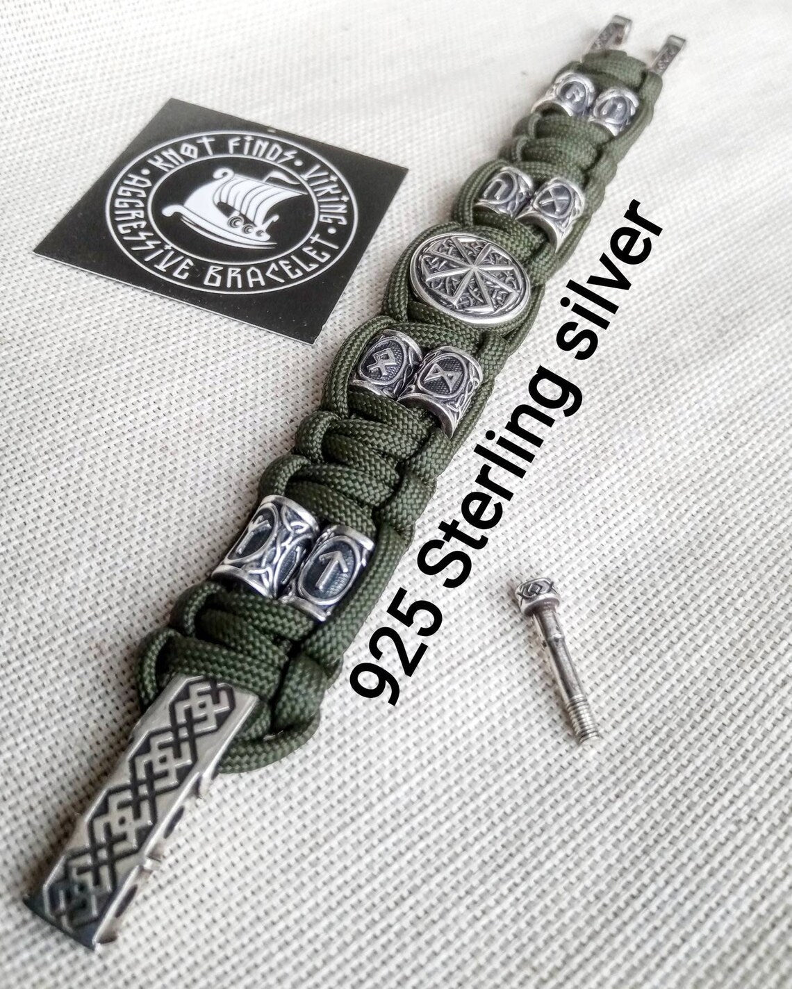 Runic paracord and 925 Sterling silver bracelet "VIKING". Nordic bracelet with runes beads.
