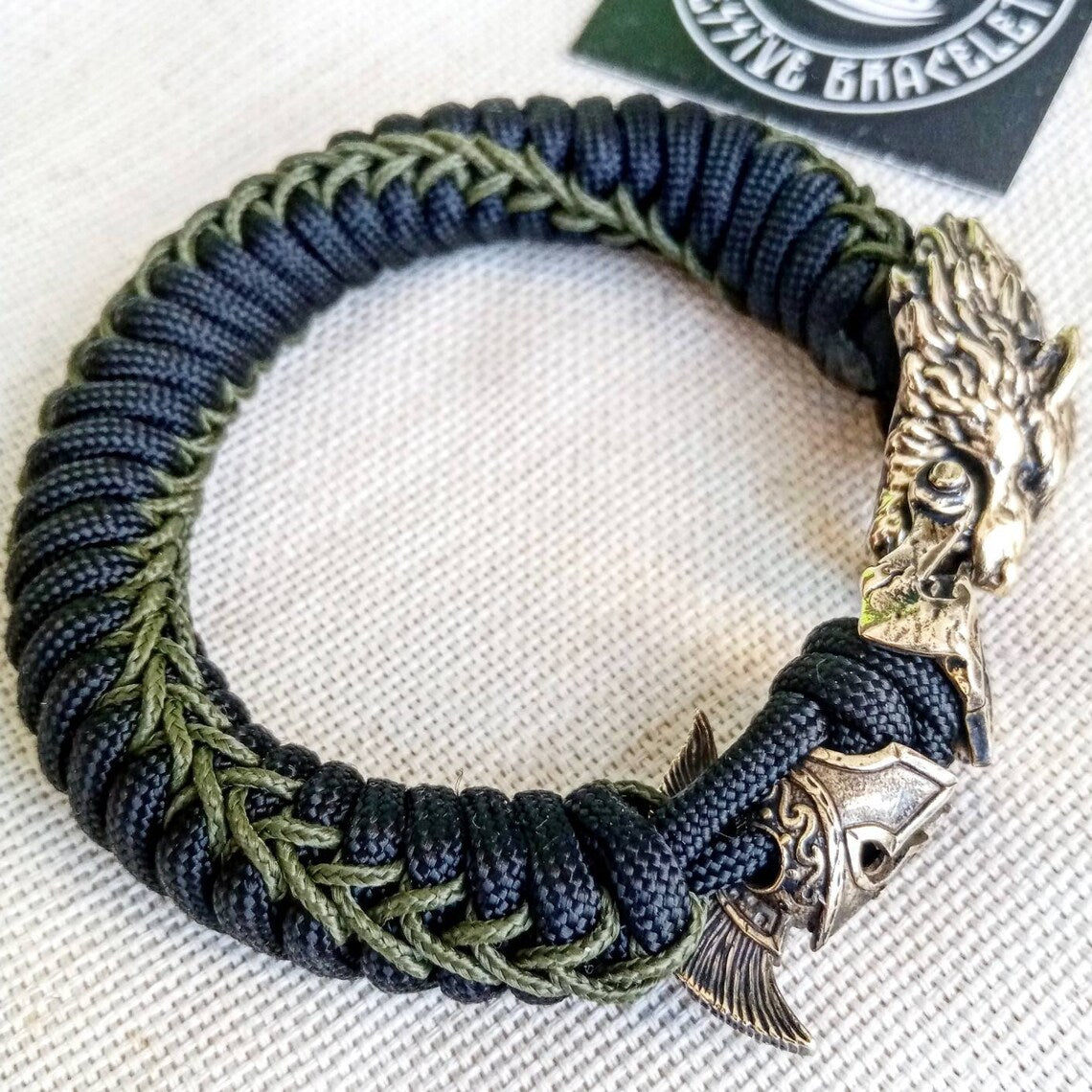 Paracord bracelet with beads "Wolf and Spartan". Men's style, a gift for tough men. Biker bracelet.