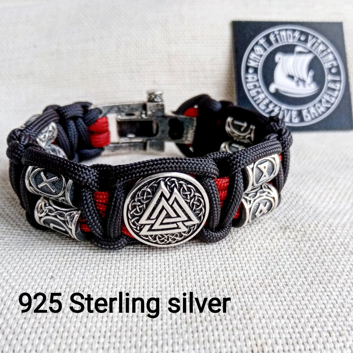 Luxury gift for biker. Runic paracord bracelet.925 Sterling silver runes. Viking jewelry.