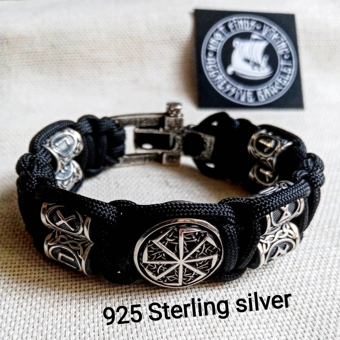 Black Viking protective amulet. Luxury gift for biker. Runic paracord bracelet.925 Sterling silver runes. Viking jewelry.