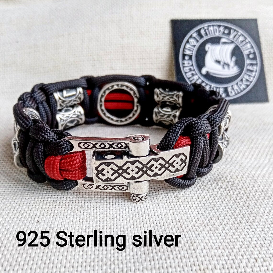 Luxury gift for biker. Runic paracord bracelet.925 Sterling silver runes. Viking jewelry.